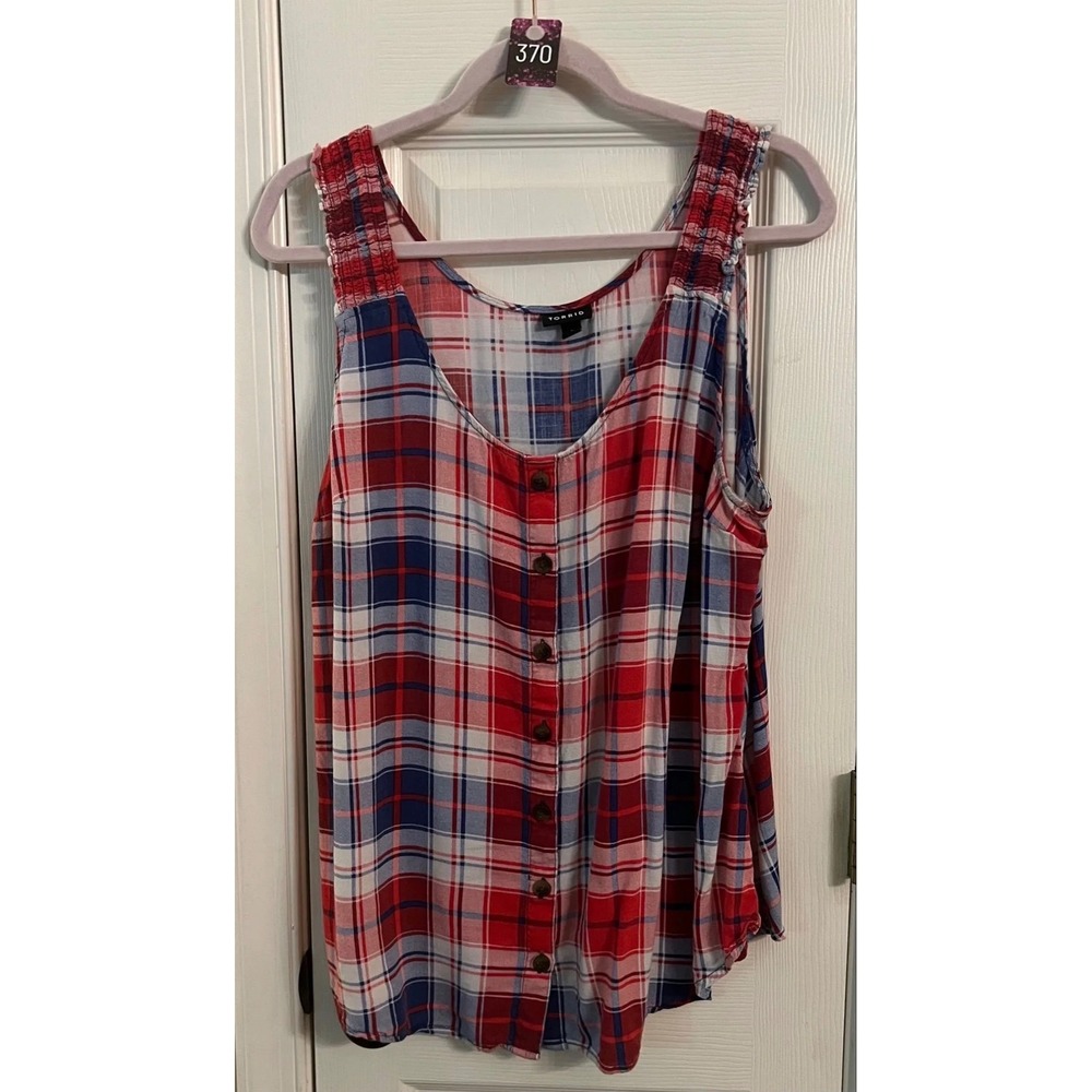 Torrid Red White Blue Plaid Smocked Button Front Tank Top Size 2X